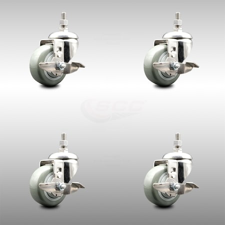 Service Caster 3.5 Inch 316SS Gray Polyurethane Swivel 10mm Threaded Stem Caster Set Brake SCC-SS316TS20S3514-PPUB-TLB-M1015-4